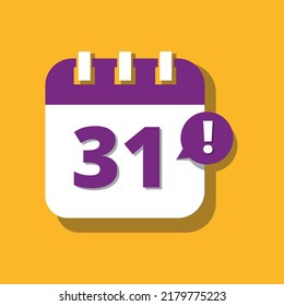 Icono vectorial de calendario en morado y amarillo, Ilustración de perspectiva 3D de la programación de días específica marcando el día 31.