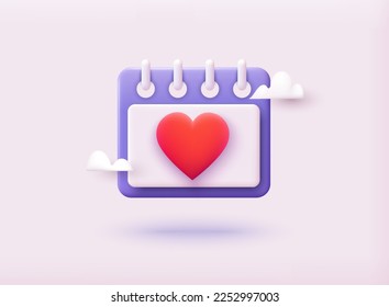 Calendar vector Icon with red heart. Notes reminder. 3D Web Vector Illustrations.