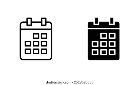 Ícone de vetor de calendário definido em preto e branco.