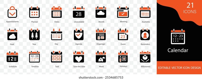 Conjunto de iconos de Vector de calendario que contiene semana, día, hitos, objetivo, evento, día de pago y más diseño de Ilustración vectorial