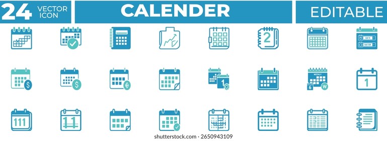 Calendar vector icon set. Containing schedule, checkmark, calculator, report, month, datebook, planner, reminder, dollar, budget, percent, mark, alert and  more. Solid vector icons collection.