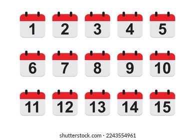 Calendar vector icon set isolated on white background. 1st to 15th of the month.