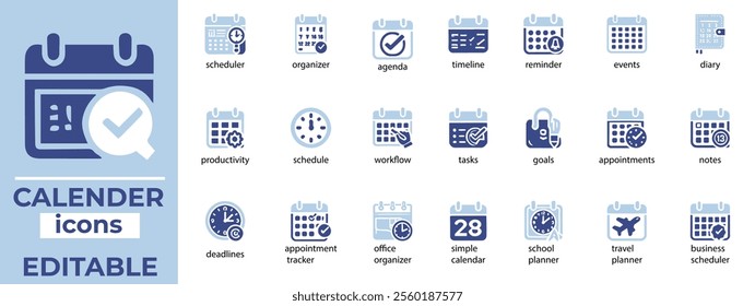 Calendar Vector Icon Set Schedules, Events, Deadlines, Planner Icons Editable, Clean, Professional Graphics