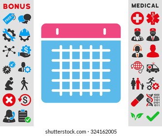 Calendar vector icon. Style is bicolor flat symbol, pink and blue colors, rounded angles, white background.
