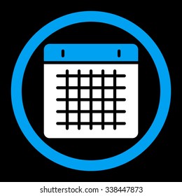 Calendar vector icon. Style is bicolor flat rounded symbol, blue and white colors, rounded angles, black background.