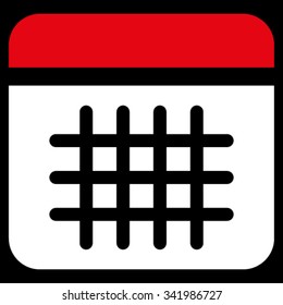 Calendar vector icon. Style is bicolor flat symbol, red and white colors, rounded angles, black background.