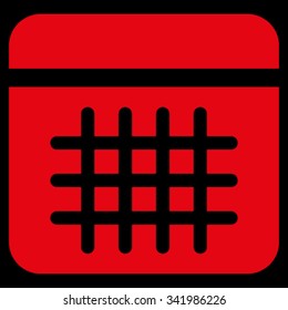 Calendar vector icon. Style is flat symbol, red color, rounded angles, black background.
