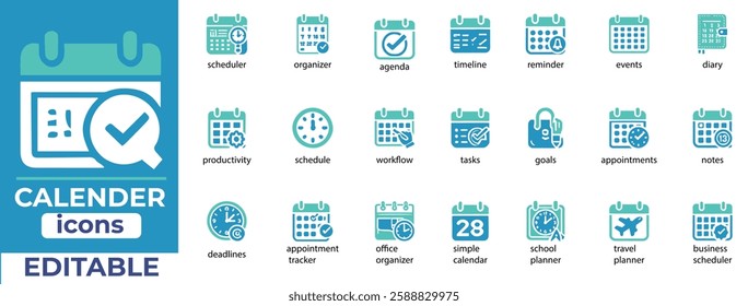 Calendar vector icons for scheduling, reminders, events, and planning. Fully editable, modern, and perfect for productivity tools. 
