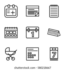 calendar vector icons. Set of 9 calendar outline icons such as baby stroller, notebook, medical appointment