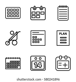 calendar vector icons. Set of 9 calendar outline icons such as baby stroller, notebook, medical appointment