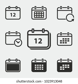 Calendar vector icons set. Black illustration isolated for graphic and web design.