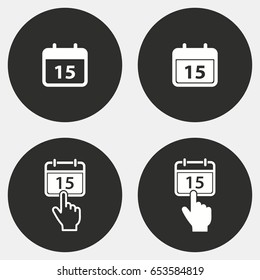 Calendar vector icons set. White illustration isolated for graphic and web design. Circle buttons.