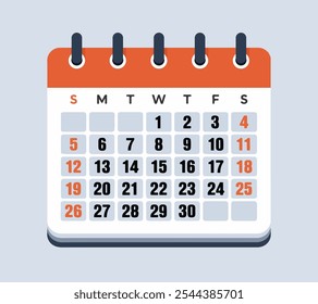 Kalender, Vektorgrafik mit Datum und 1 bis 30 Tagen Zahlenkalender, Illustration des monatlichen und jährlichen Tischkalenders mit Datum und Wochentagen. Tischkalender mit orangefarbenen Wandkalendern