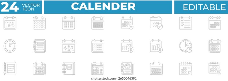 Calendar Vector Line Icons. Containing calendar, date, planner, schedule, month, time, clock, notebook, finance, reminder, task, event and more. Solid Vector Line Icons collection.