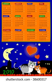 Calendar vector of next year, with background and cat lovers at night over the city rooftops. Italian language