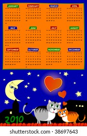 Calendar vector of next year, with background and cat lovers at night over the city rooftops. English language