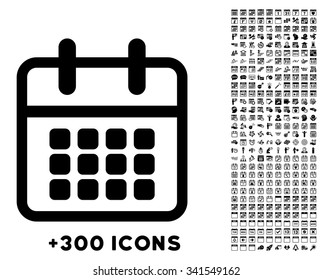 Calendar vector pictogram with additional 300 date and time management icons. Style is flat symbols, black color, rounded angles, white background.