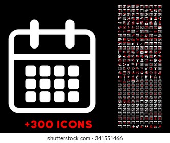 Calendar vector pictogram with additional 300 date and time management icons. Style is bicolor flat symbols, red and white colors, rounded angles, black background.