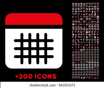 Calendar vector pictogram with additional 300 date and time management icons. Style is bicolor flat symbols, red and white colors, rounded angles, black background.