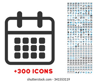 Calendar vector pictogram with additional 300 date and time management icons. Style is bicolor flat symbols, blue and gray colors, rounded angles, white background.