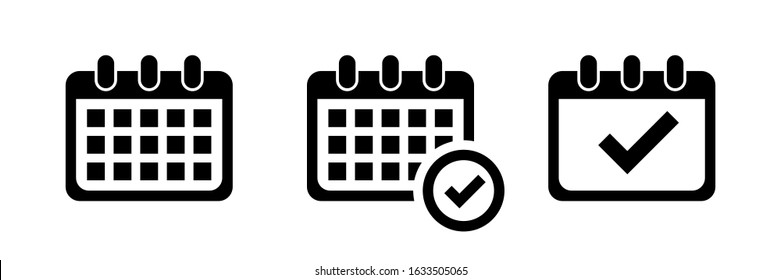 Calendar vector set of icons. Calendar reminder vector black symbol. Calendar with checkmark and clock. EPS 10