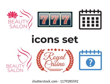 Calendar vector sign and Poker club, casino sign set. Beautiful woman logo