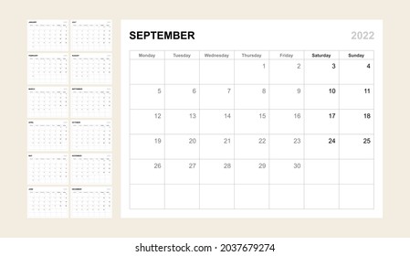 Calendar vector template for 2022 year. Planner diary in a minimalism style. Corporate and business calendar. Organizer. Monthly calendar. Daily planner. Monday