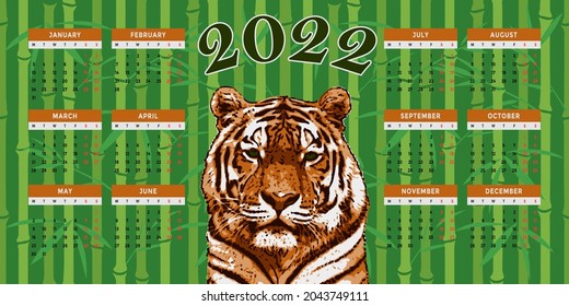 Calendar vector template for 2022 year with tiger and bamboo.