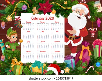 Calendar vector template with Christmas and New Year holiday gifts, Santa and elf. Year calendar on wooden background with Xmas garland of presents, stocking and balls, red hat, stars and cookies