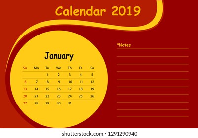 Calendar vector template flat design red color with notes
