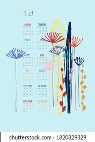 Calendar vector template for year 2021 with hand drawn Apiaceae flowering plants on blue background. Modern floral design