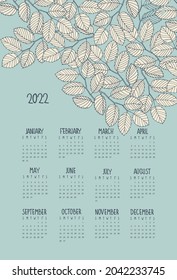 Calendar Vector Template For Year 2022 With Hand Drawn Elm Tree Branches And Leaves On Light Blue Background