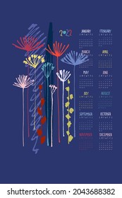 Calendar vector template for year 2022 with hand drawn Apiaceae flowering plants on dark blue background. Modern floral design