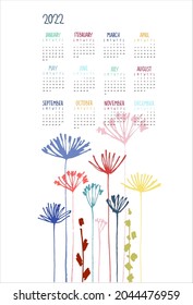 Calendar vector template for year 2022 with hand drawn Apiaceae flowering plants on white background. Modern floral design