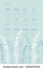 Calendar vector template for year 2022 with hand drawn Lavanda flowering plants on light blue background