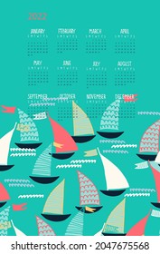 Calendar vector template for year 2022 with sailboats on turquoise background. Isolated calendar dates