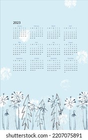 Plantilla vectorial del calendario para el año 2023 con flores de león flúor dibujadas a mano sobre fondo azul claro. Diseño floral moderno