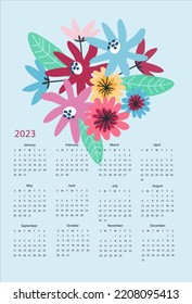 Calendar vector template for year 2023 with hand drawn wild flowers on blue background