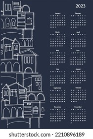 Calendar vector template for year 2023 with smoll home on dark background. Isolated calendar dates