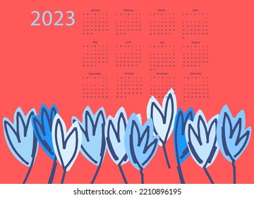 Calendar vector template for year 2023 with hand drawn wild flowers on blue background