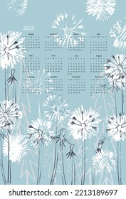 Calendar vector template for year 2023 with hand drawn fluffy dandelion flowers on light blue background. Modern floral design