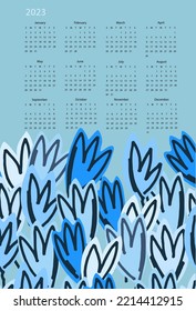 Calendar vector template for year 2023 with hand drawn wild flowers on blue background