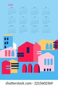 Kalender-Vektorvorlage für das Jahr 2023 mit smolzenem Zuhause auf blauem Hintergrund. Einzelne Kalenderdaten