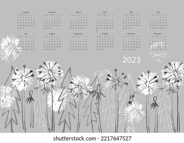 Calendar vector template for year 2023 with hand drawn wild flowers on blue background