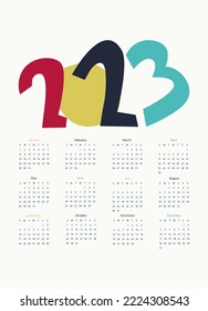 Calendar vector template for year 2023 with hand drawn figures, number on light blue background
