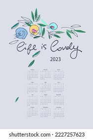 Calendar vector template for year 2023 with hand drawn wild flowers on light background