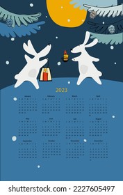 Calendar vector template for year 2023 with hand drawn funny Water rabbit, zodiac animal for 2023 in the night forest