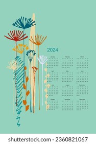 Calendar vector template for year 2024 with hand drawn wild flowers on light background