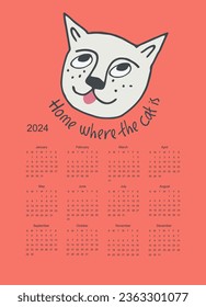 Plantilla vectorial de calendario para el año 2024 con gato divertido dibujado a mano sobre fondo de luz