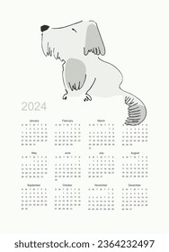 Calendar vector template for year 2024 with hand drawn funny dog on light background